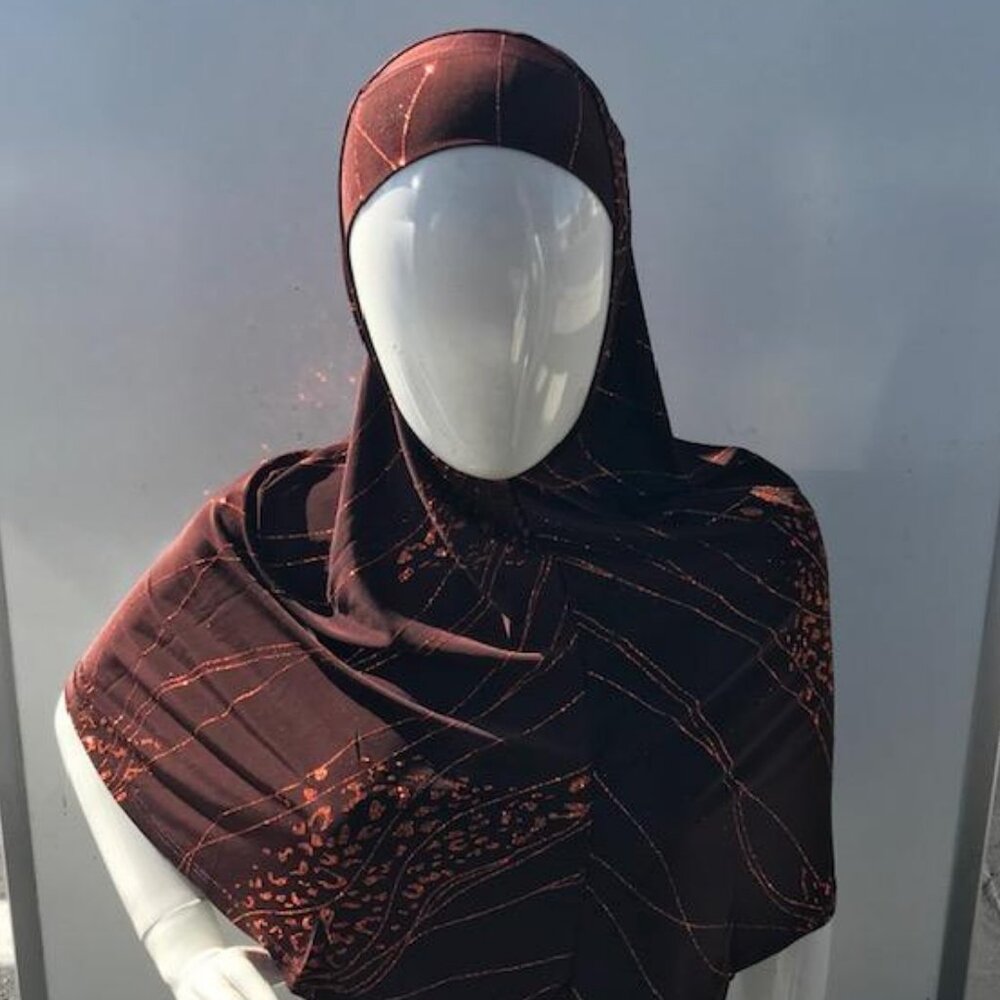 2 Piece Adult Extra Long Hijab Brown with Amber Glittery Print